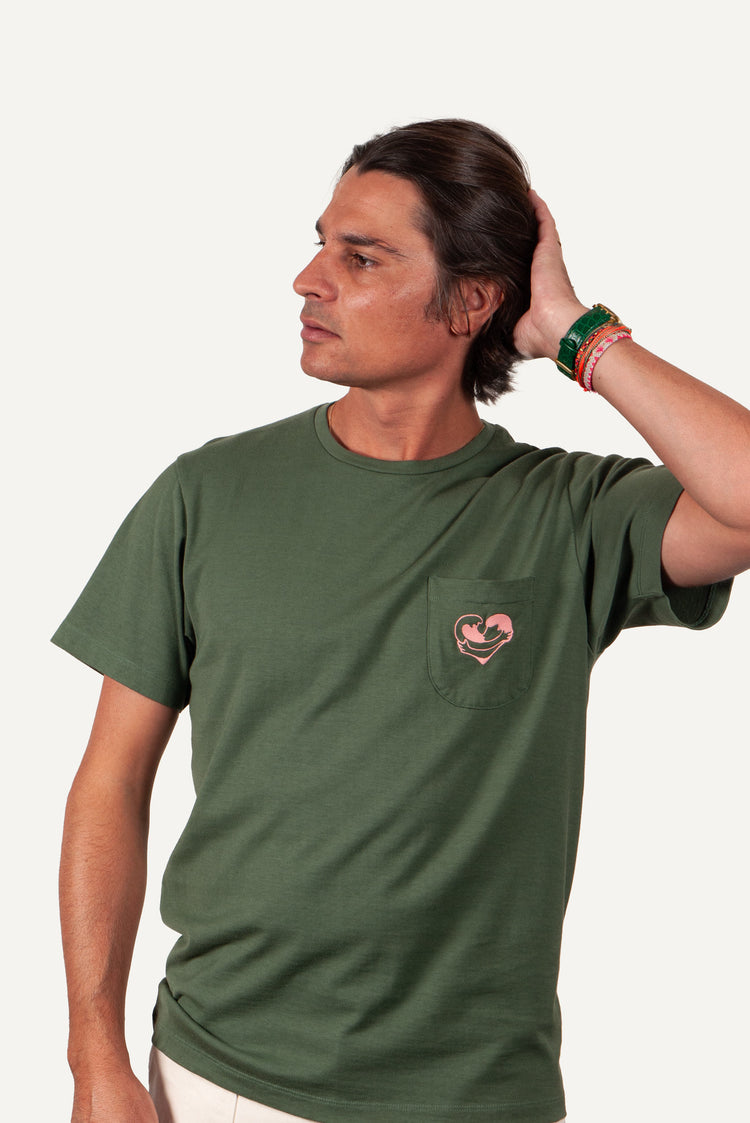 TEE-SHIRT COEUR OCÉAN KAKI / ROSE PÂLE