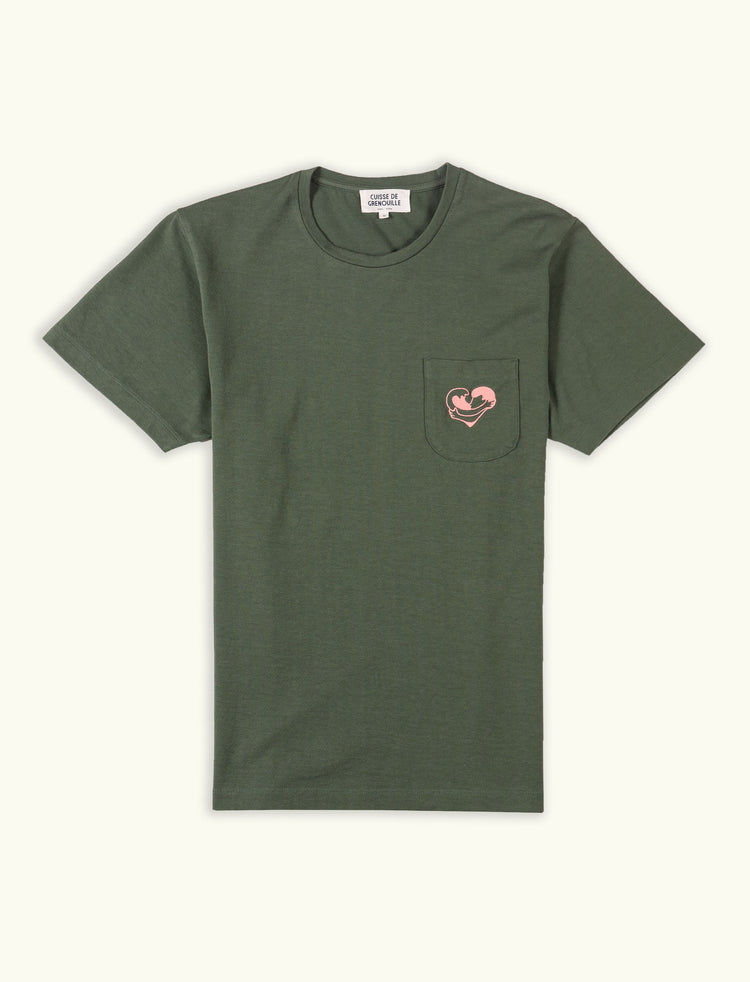 TEE-SHIRT COEUR OCÉAN KAKI / ROSE PÂLE