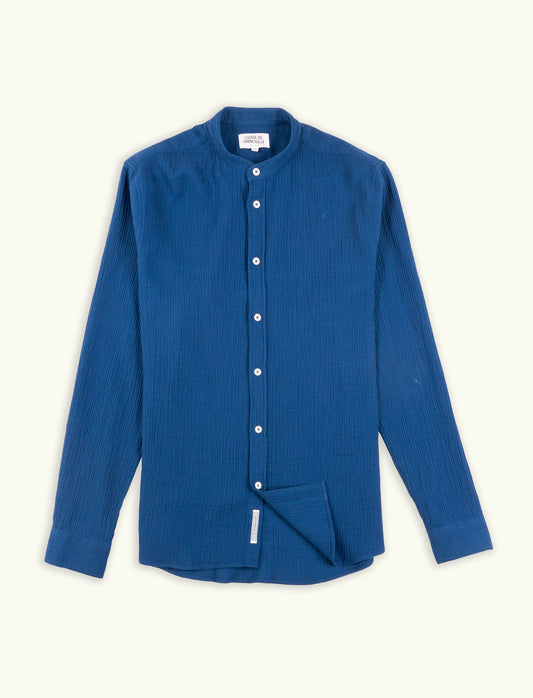 CHEMISE COL MAO EN GAZE DE COTON BLEU MARINE