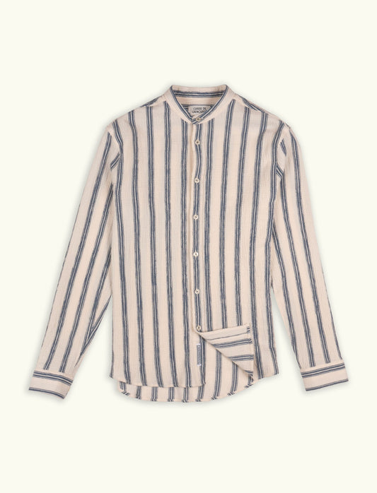 CHEMISE COL MAO EN GAZE DE COTON RAYÉ BLEU & BLANC
