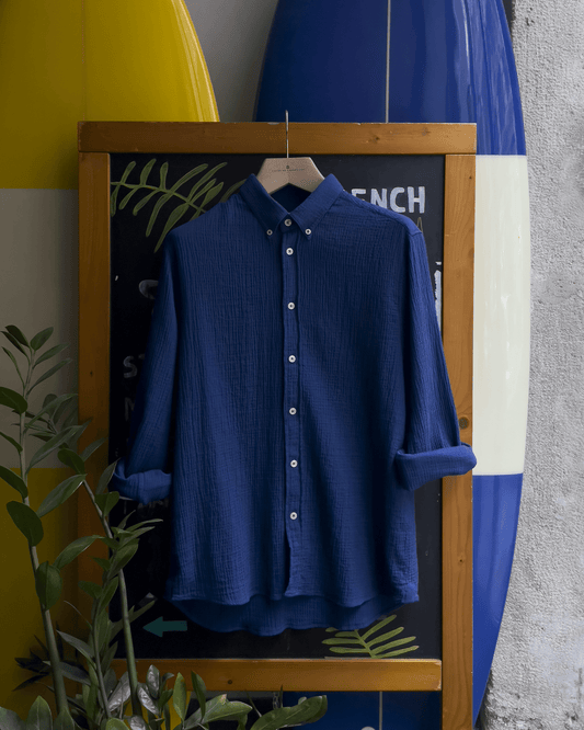 CHEMISE BUTTON DOWN EN GAZE DE COTON BLEU MARINE